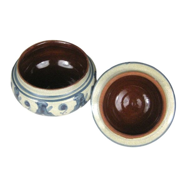 Jewelry Trinket Box Vanity Jar Lidded Signed Hand Painted Terra-cotta Blue 4 in - Picture 3 of 5